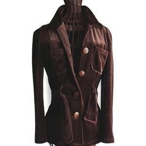 Vintage Velvet Jacket Small Chocolate Brown Tie Belt Pockets Button Long Sleeve